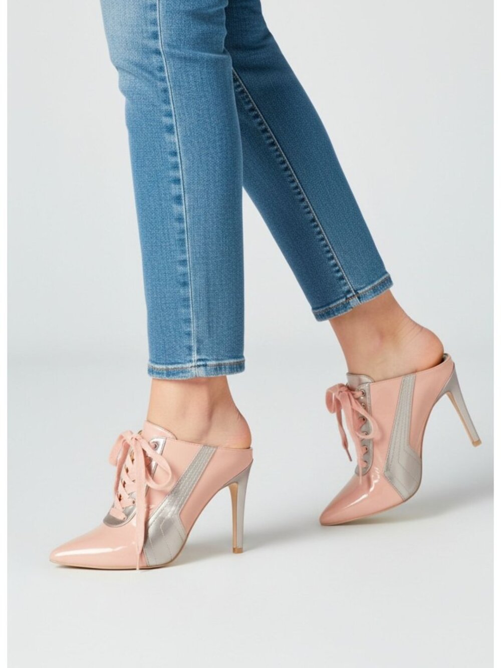 Pink & Silver Pointed Toe Lace-Up Stiletto Heel Mules For Women